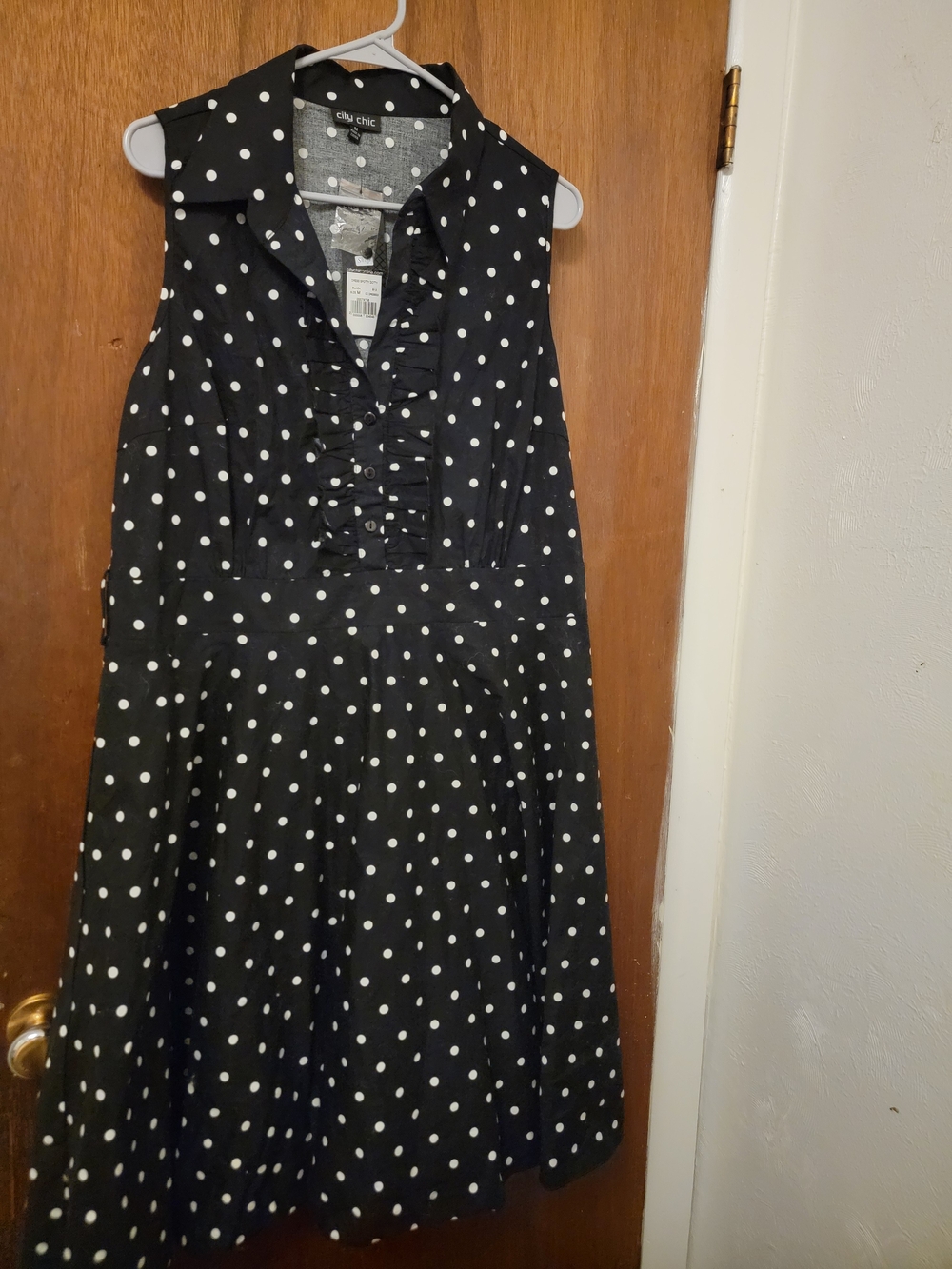 City Chic Black and White Polka Dot Ruffle-Collar Midi Dress